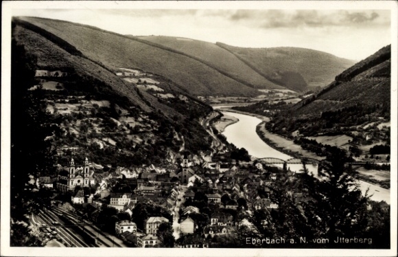 Postcard Eberbach am Neckar Odenwald Baden, Eberbach a. N. from the Jtterberg, river, hills, houses
