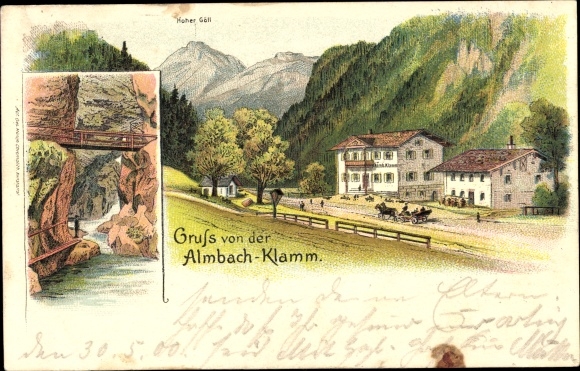 Chromo-Litho Marktschellenberg Berchtesgadener Land, Almbachklamm, Hoher Göll, inn