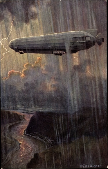 Künstler Ak Diemer, Zeno, Im Gewittersturm, Zeppelin im Regen, Luftschiff