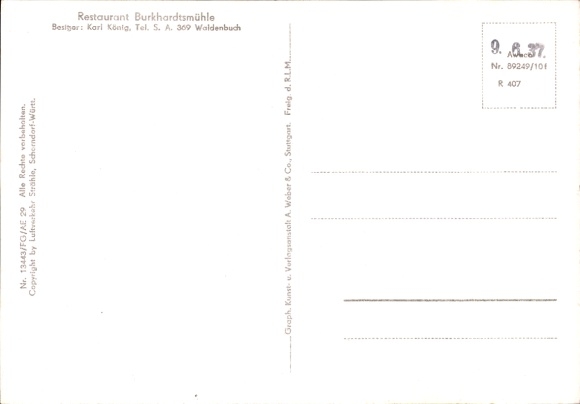 Postcard Waldenbuch in Württemberg, aerial photograph of Restaurant Burkhardtsmühle with Reichenbachtal