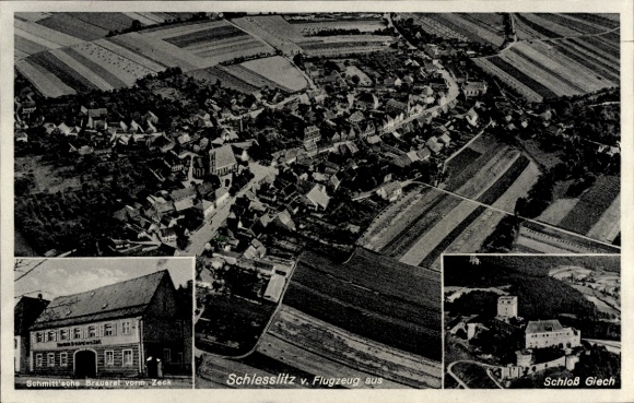 Postcard Schesslitz Scheßlitz in Upper Franconia, aerial photograph, Giech Castle, Schmittsche Brewery