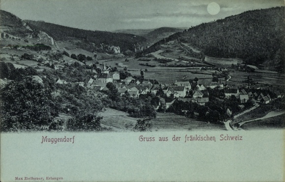 Ak Muggendorf Wiesenttal Fränkische Schweiz, Landschaftsaufnahme, Kleinstadt, Gebirge, Mondschein