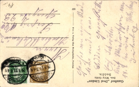 Postcard Seddin Seddiner See Brandenburg, lake view, Gasthof Drei Linden, owner Willy Grätz