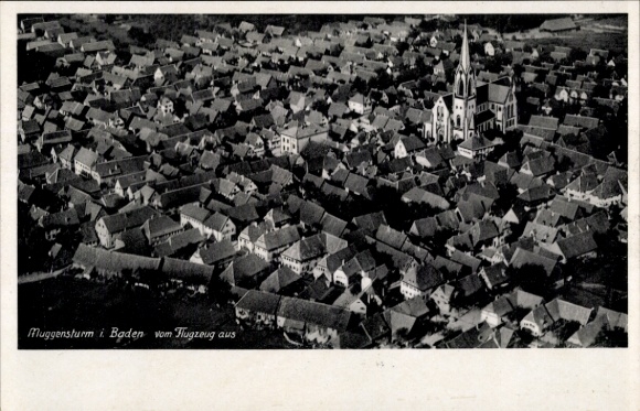 Postcard Muggensturm in Baden, aerial photograph