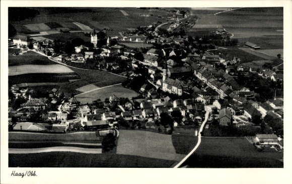 Postcard Haag in Upper Bavaria, aerial photograph of places, fields, buildings, church, black and white