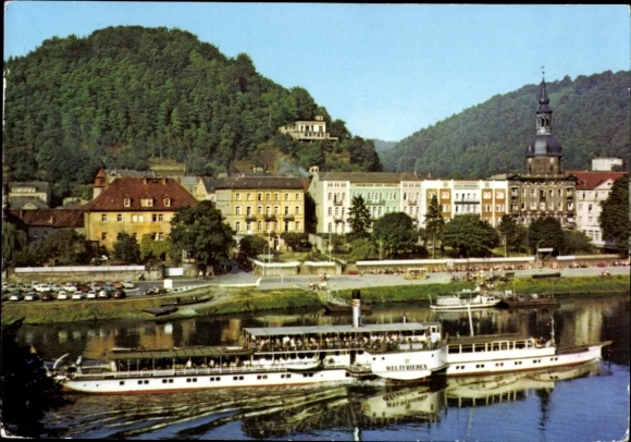 Ak Bad Schandau, Elbdampfer Weltfrieden, Ortsansicht