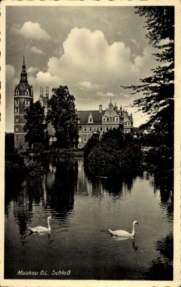 Postcard Bad Muskau Oberlausitz, castle pond, swans
