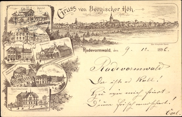 Chromo-Litho Radevormwald Bergisches Land, train station, gas station, post office, market place