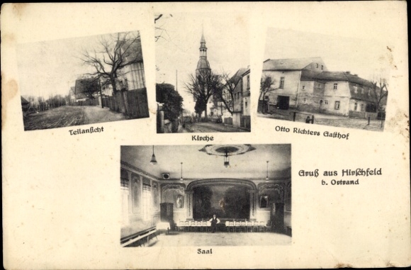 Postcard Hirschfeld in Brandenburg, partial view, church, inn Otto Richter