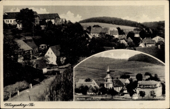 Postcard Klingenberg in the Ore Mountains Saxony, general view, church, school
