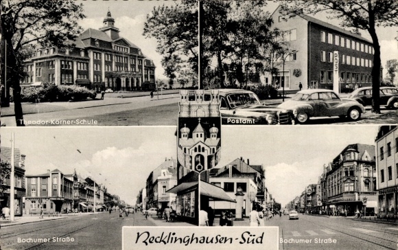 Postcard Recklinghausen South, Theodor Körner School, Post Office, Bochumer Straße
