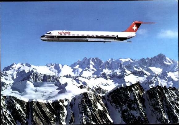 Postcard Swissair DC-9-51 passenger plane over the Swiss Alps