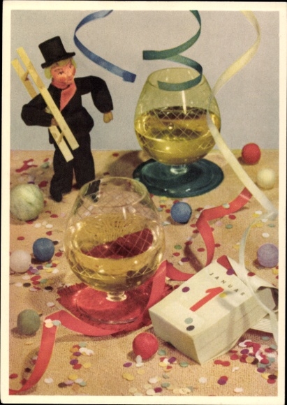 Postcard Happy New Year, calendar, confetti, chimney sweep