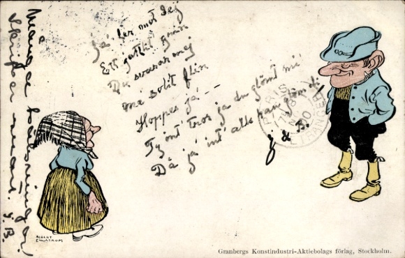 Artist Postcard Sweden, woman and man in folk costumes, conversation