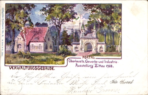 Ak Zittau in Sachsen, Verwaltungsgebäude, Portal, Oberlausitz, Gewerbe- und Industrieausstellung 