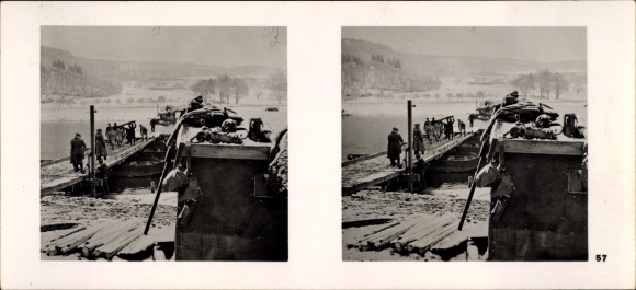 Stereo spatial image photo &quot;The Battle in the West&quot;, No. 57 Pioneers building bridges