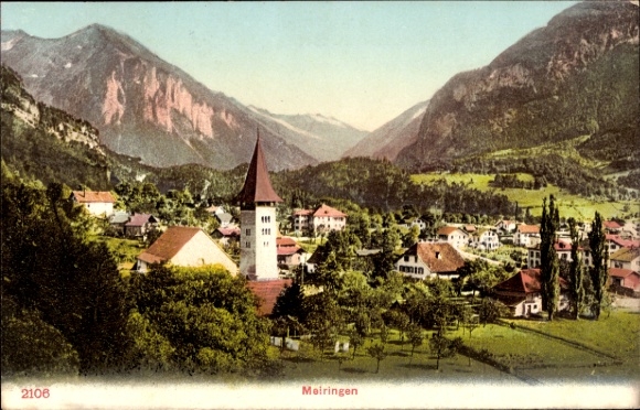 KP Meiringen Canton Bern, Gorge de l'Aare, Aareschlucht, krajobraz górski, kościół ze spiczastą wieżą,