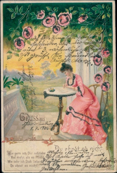 Glitter Chromo-Litho Woman writes a letter, roses, you would never guess