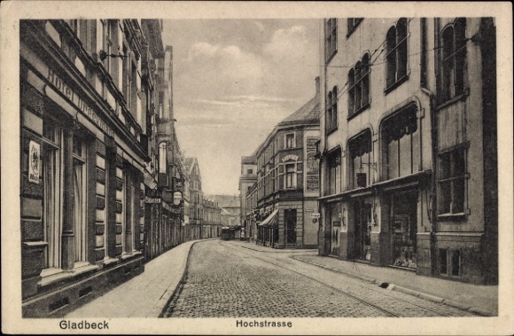 Postcard Gladbeck, view of the Hochstrasse, rails, hairdresser