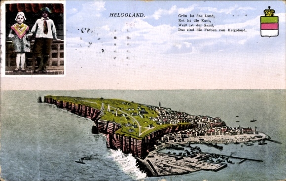 Wyspa Helgoland na Morzu Północnym, widok ogólny, widok z lotu ptaka, dzieci w typowych strojach