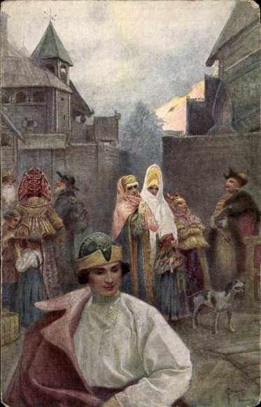 Artist Postcard Solomko, S., A la Promenade, Russian costumes