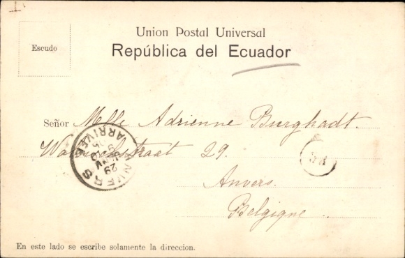 Postcard Guayaquil Ecuador, front view of a building, Ecuador, postmark, address entry