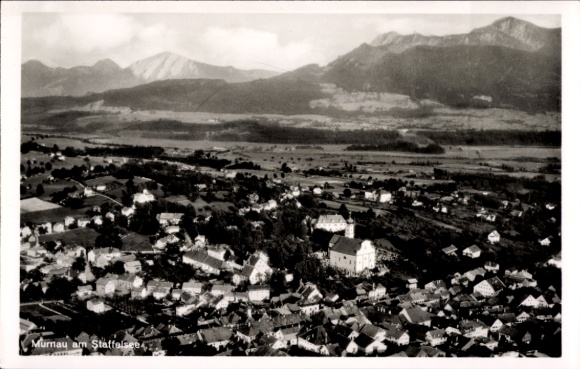 Postcard Murnau am Staffelsee, landscape with mountains, many roofs, view