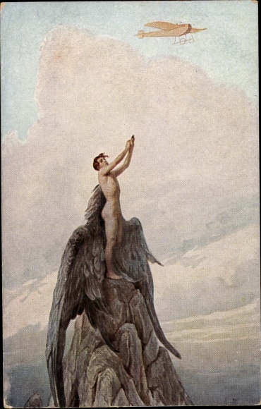Artist Postcard Solomko, S., Dream of Icarus, airplane, man with wings