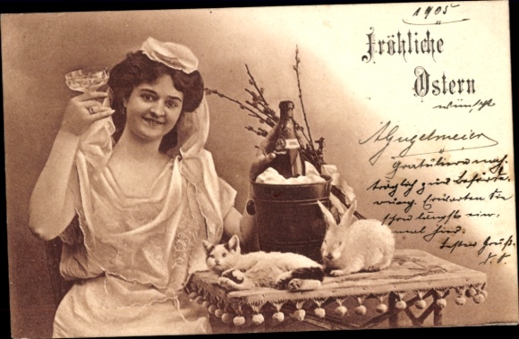 PC Happy Easter, young woman, cat, Easter bunny