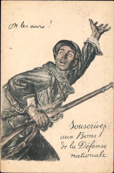 Artist Postcard On les aura, soldier with rifle, Let's go, I. WK
