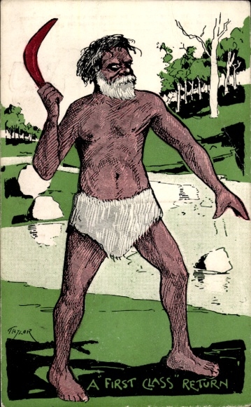 Artist Postcard Taylor, Australia, aboriginal man with boomerang