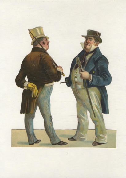 Oblate 2 men in tailcoats with top hat and walking stick, approx. 15 x 13 cm