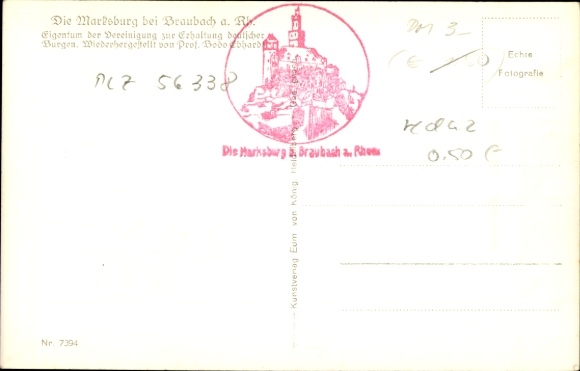 Postcard Braubach am Rhein, The Marksburg, castles, Rhine, photography, black and white