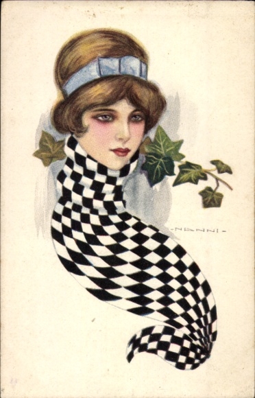 Artist Postcard Nanni, Woman with black and white scarf