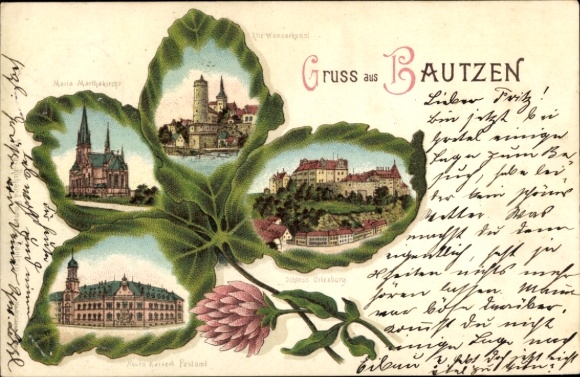 Klaverblad litho Bautzen in Oberlausitz, Waterwerken, Kasteel Ortenburg, Postkantoor, Kerk