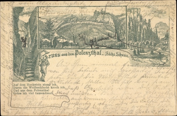 Chromo-Litho Polenztal Neustadt in Sachsen, general view, I stood on the Hockstein...