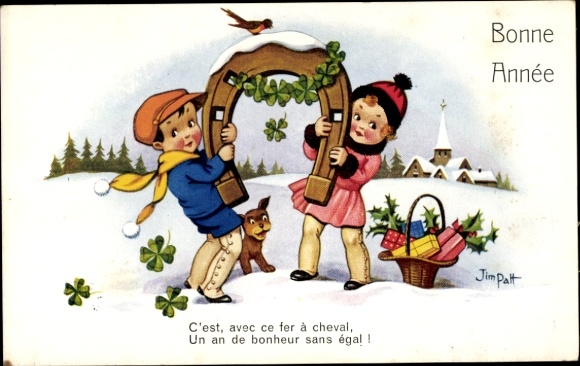Artist PC Patt, Jim, congratulations on the New Year, children with horseshoes, clover, winter landscape