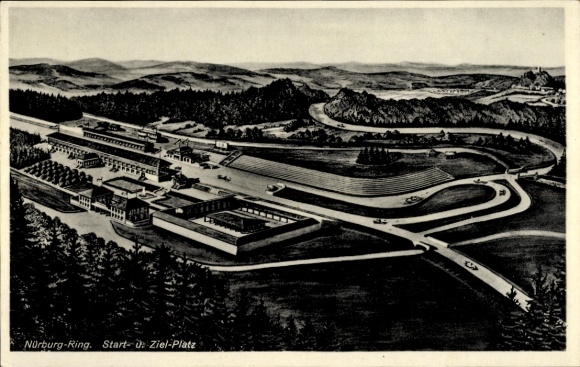 Postcard Adenau in the Eifel, aerial view of the Nürburgring, start-finish line, cars, nature