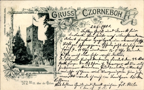 Ansichtkaart Cunewalde in Oberlausitz, Czorneboh, historisch gebouw, omlijst met bloemen, groeten uit...