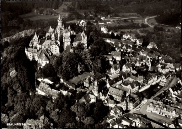 Postcard Braunfels on the Lahn, aerial view of castle, small town, landscape, trees, buildings