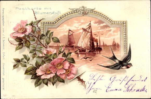 Embossed litho Sailing boats on the water, blossoms, swallow