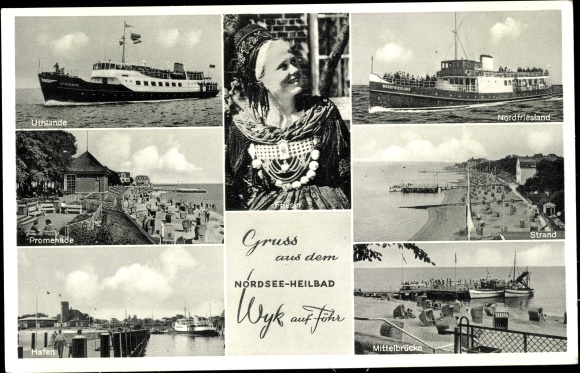 Ak Wyk op Föhr Noord-Friesland, centrale brug, Uthlande-schip, promenade, haven