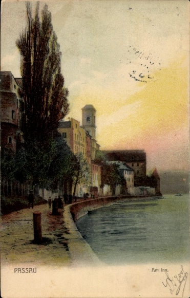 Postcard Passau, part of the Inn, view of the riverbank, people, tower