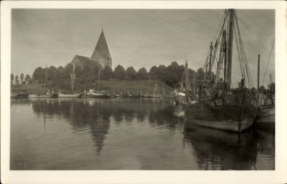 Photo Postcard Kirchdorf Island Poel Mecklenburg, harbor, fishing boats, church