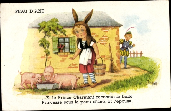 Artist Postcard Patt, J., Peasant girl feeds pigs, prince, broom, farm