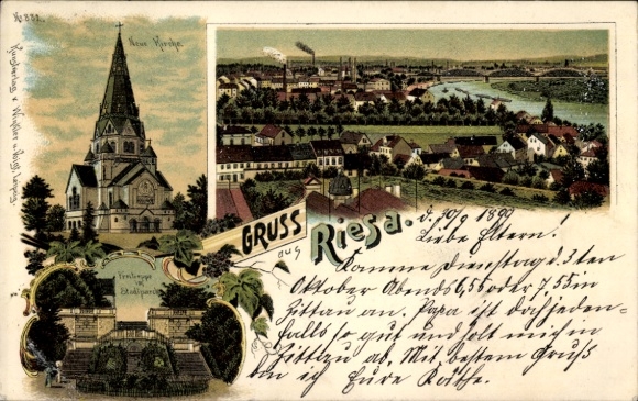 Litho Riesa an der Elbe Sachsen, Kirche, Stadtpark, Panorama