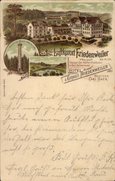 Litho Friedenweiler im Schwarzwald, Hotel und Kurhaus Friedenweiler