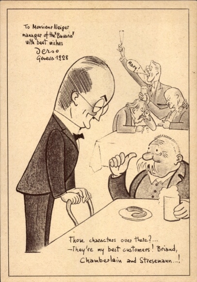 Postcard Geneva Switzerland, advertising Brasserie-Restaurant Bavaria, waiters, guests
