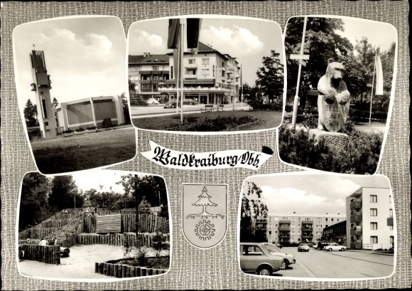 Postcard Waldkraiburg in the Bavarian foothills of the Alps, church, street area, wooden playground, bear