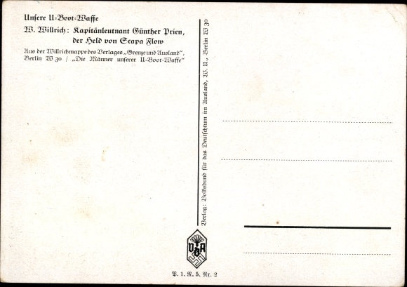 Artist Postcard Willrich, Wolfgang, Lieutenant Commander Günther Prien, Knight's Cross holder, VDA 1 5 2